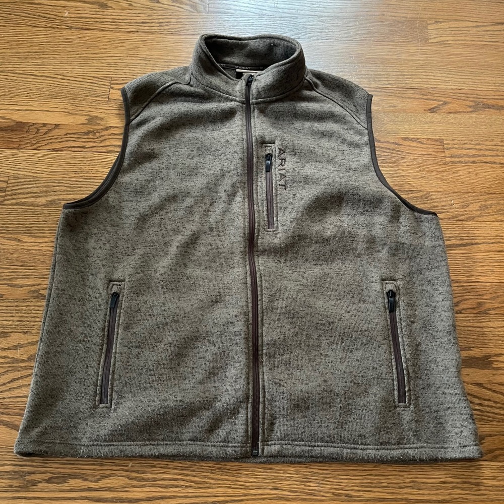 Ariat Mens XXL Brown Heather Sweater Fleece Full Zip Vest Mock Neck Pockets